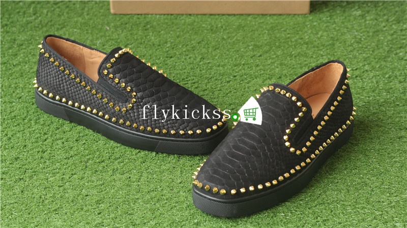Christian Louboutin Low Spikes Python Leather Pik Boat Flat Black Casual Shoes Golden Rivets